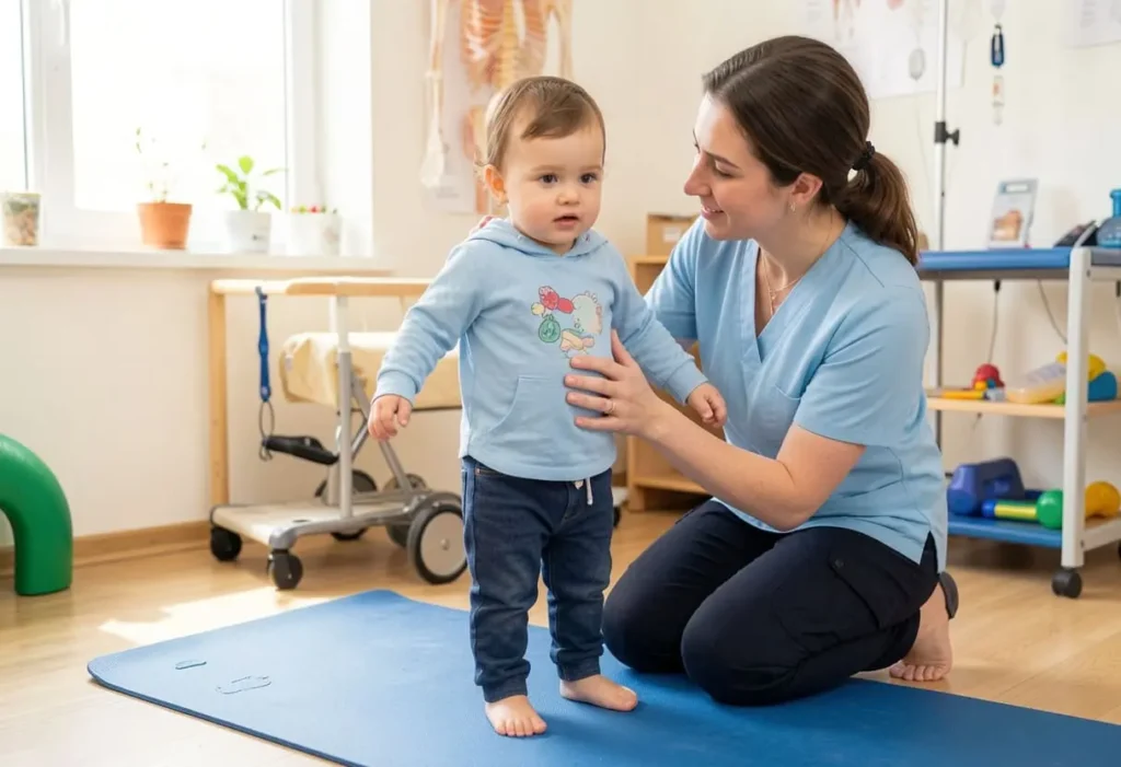 malutkie dziecko w trakcie rehabilitacji terapeuta